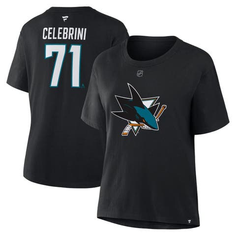 Women's Fanatics Macklin Celebrini Black San Jose Sharks Authentic Stack Name & Number T-Shirt