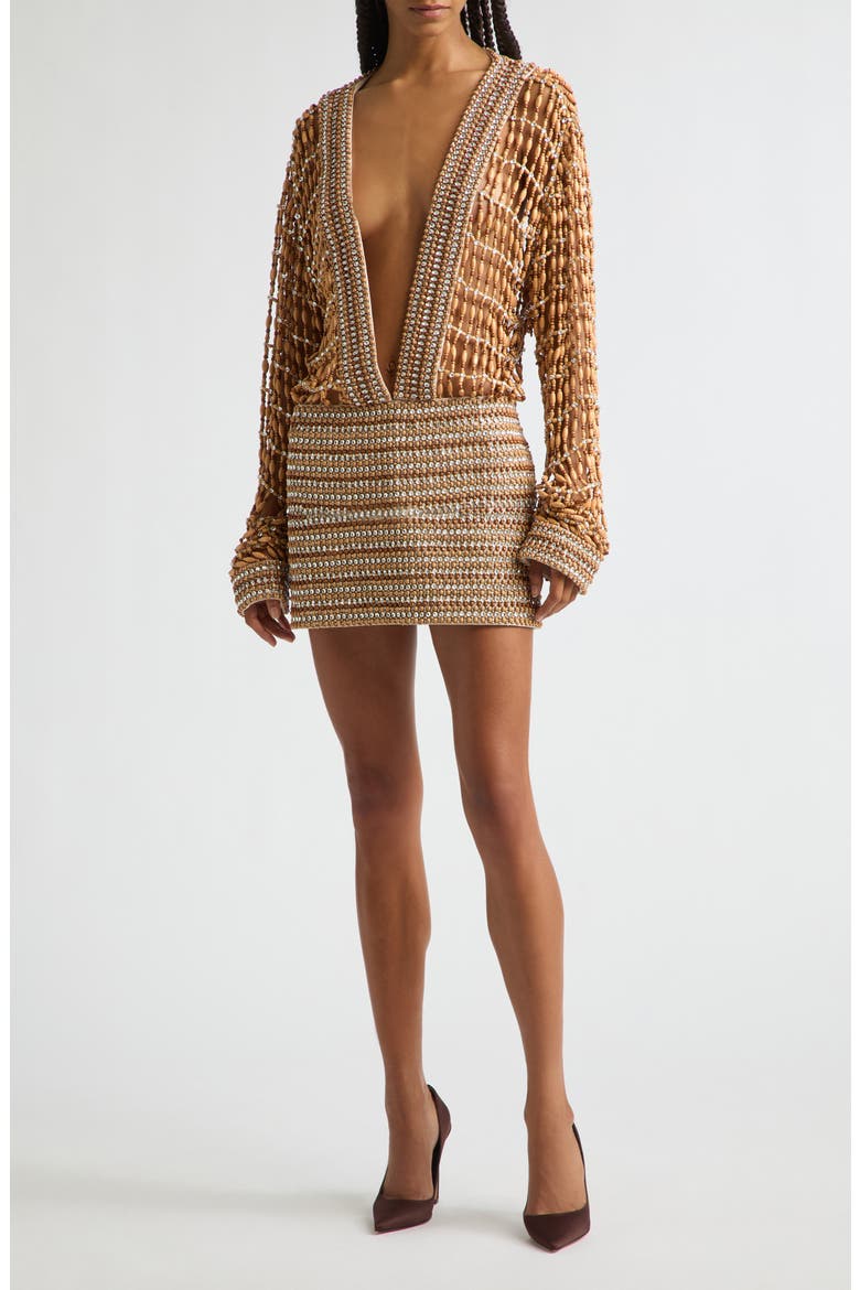 Beaded Long Sleeve Plunge Neck Minidress, Main, color, NATURAL/ CLEAR