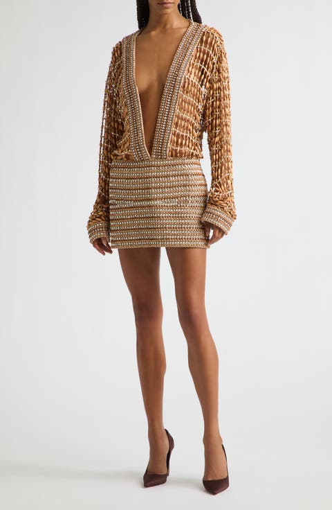 Beaded Long Sleeve Plunge Neck Minidress
