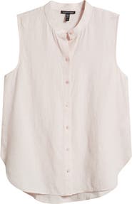 Eileen Fisher Sleeveless Linen Mandarin Collar Button-Up Shirt