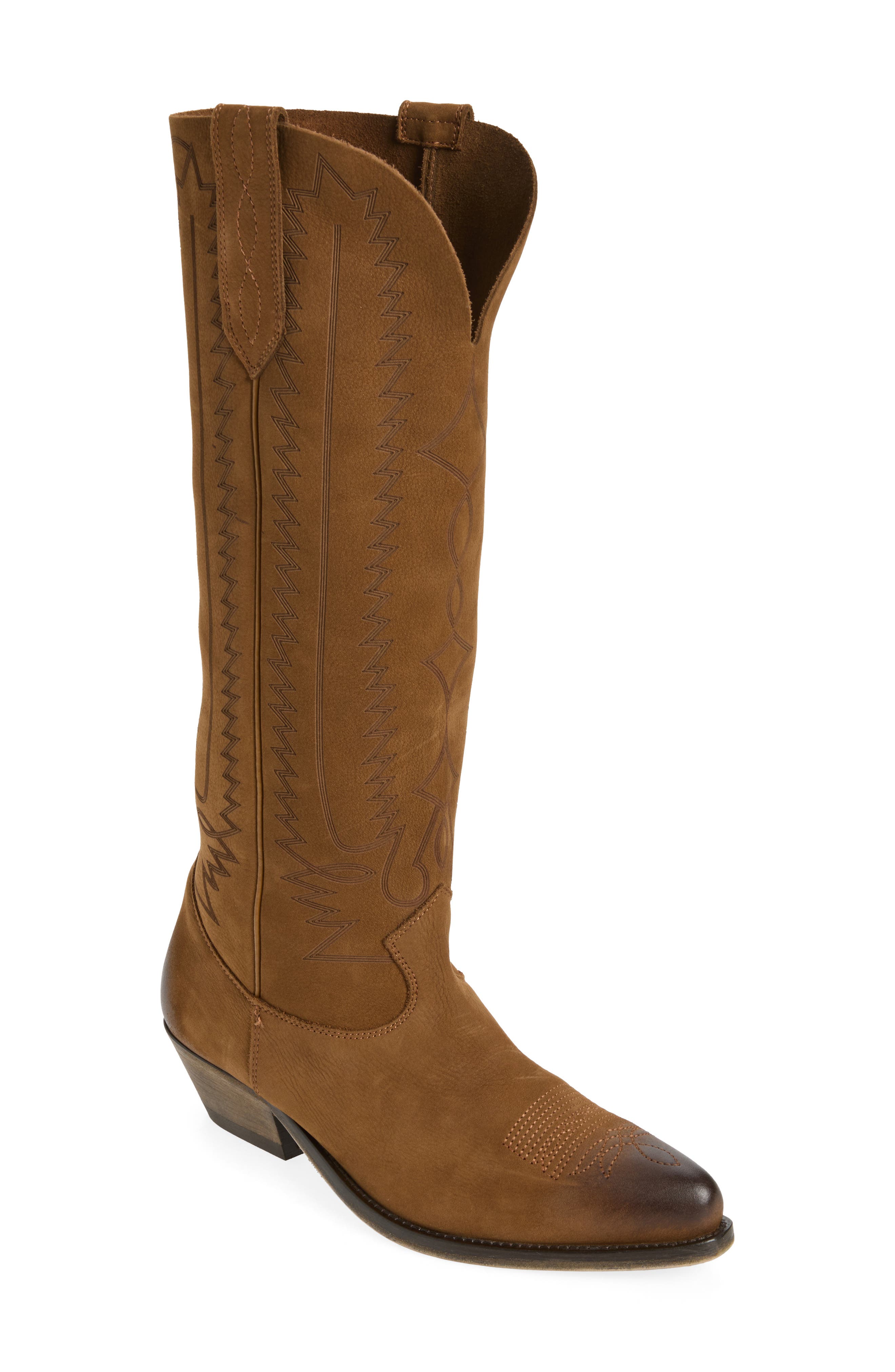 Wish Star Engraved Suede Western Boot, Main, color, DARK BROWN