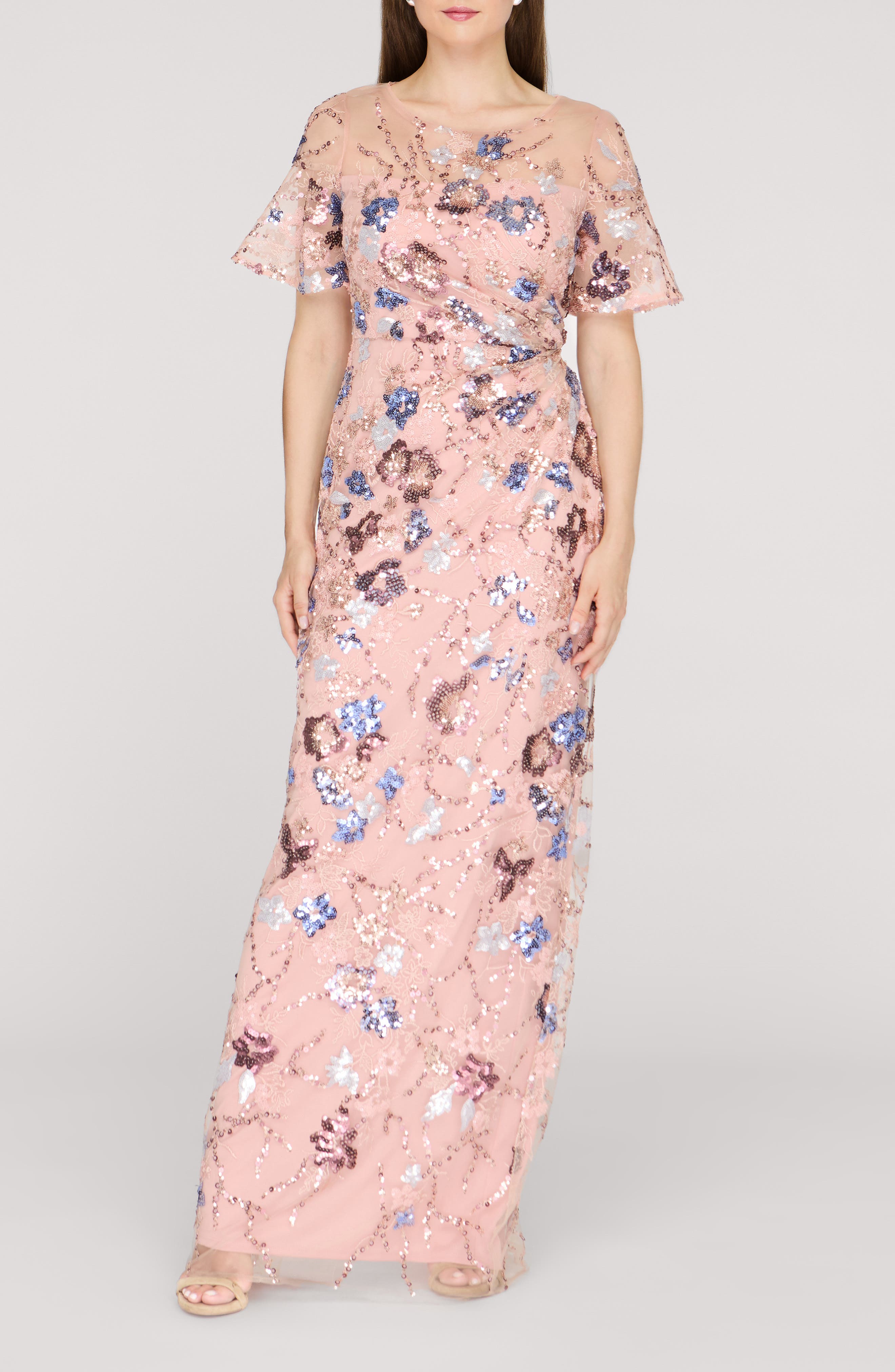 Alisa Sequin Embellished Short Sleeve Column Gown
