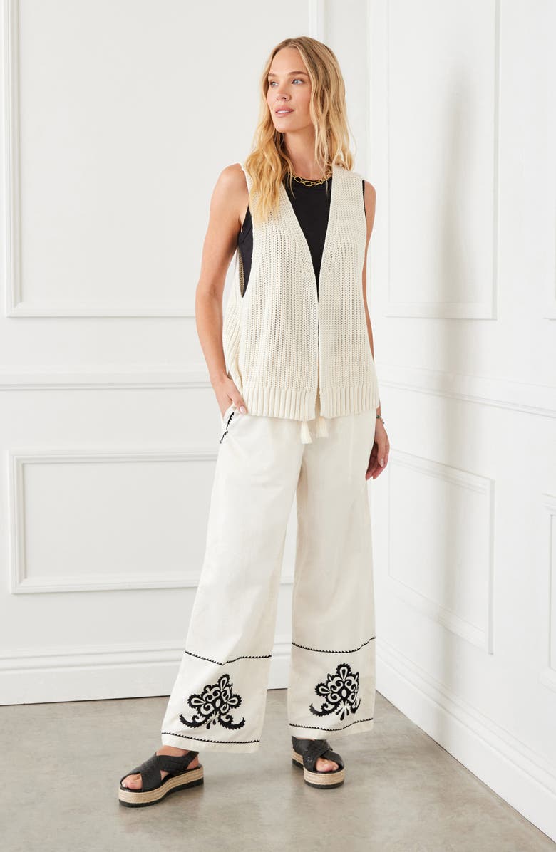 Karen Kane Embroidered Drawstring Cotton Pants, Alternate, color, Cream