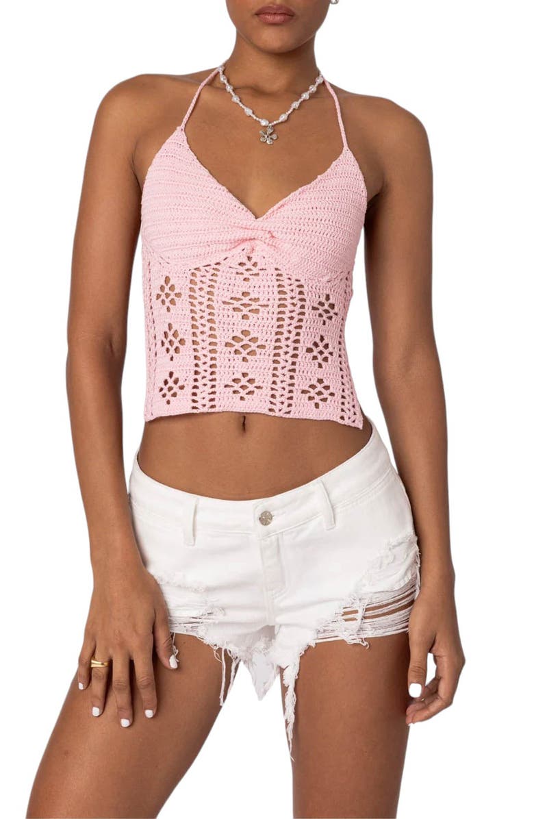 EDIKTED Jada Open Back Crochet Crop Top, Main, color,
