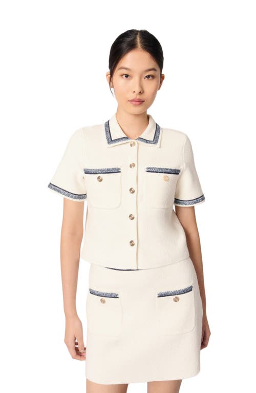 Maje Cropped Contrasting Trim Cardigan In Ecru