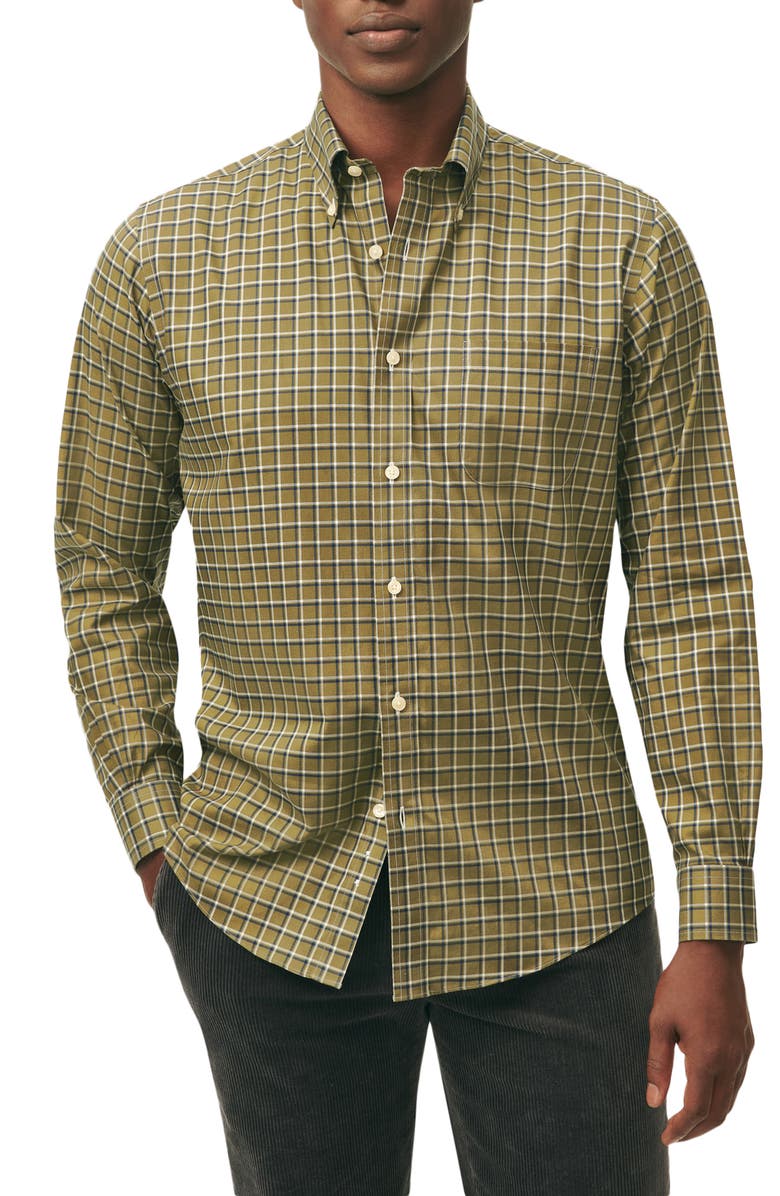 Brooks Brothers Fall Check Regular Fit Non-Iron Stretch Button-Down Shirt, Main, color, Olive