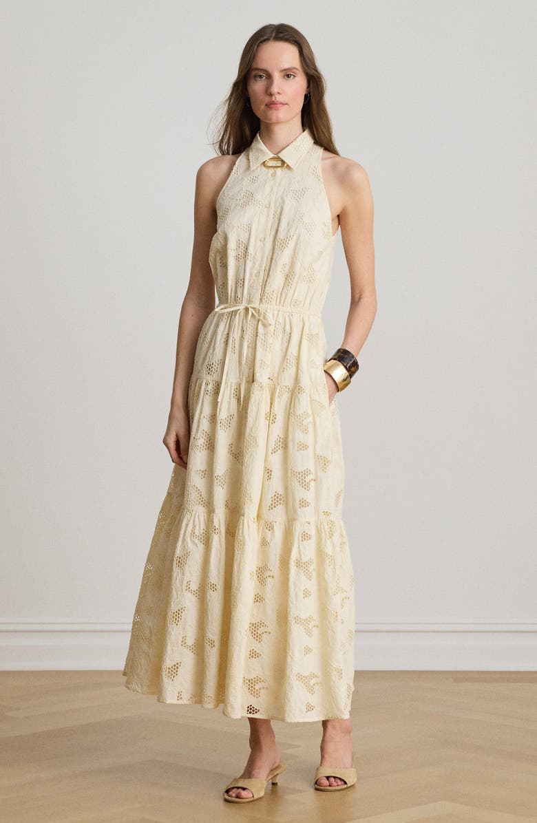 Lauren Ralph Lauren Sleeveless Embroidered Cotton Voile Tiered Shirtdress, Alternate, color, Mascarpone Cream