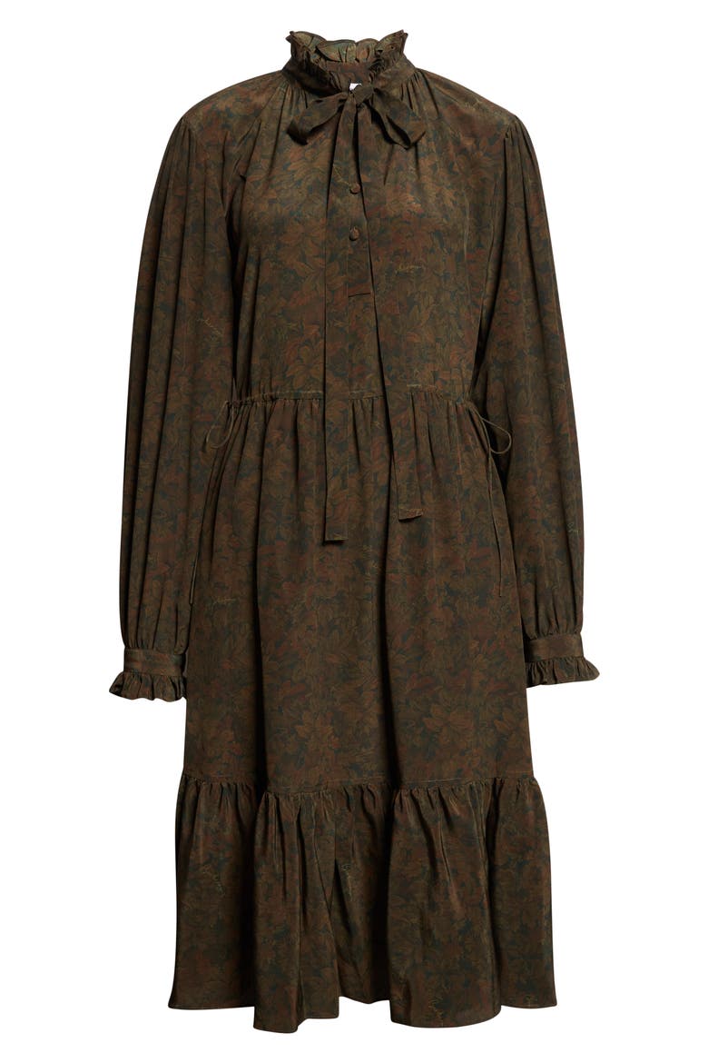 Colette Floral Tie Neck Long Sleeve Tiered Silk Dress, Alternate, color, MOAT IP PATTERN