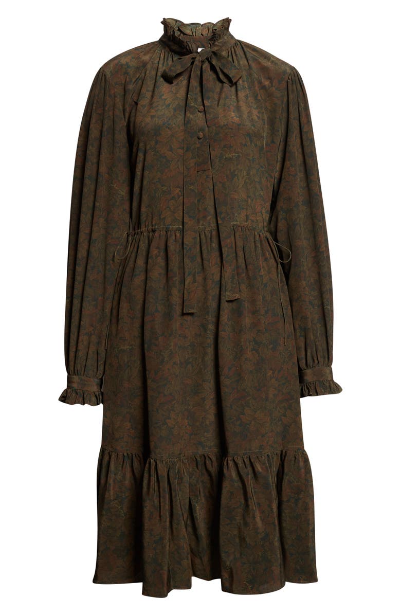 Burberry Colette Floral Tie Neck Long Sleeve Tiered Silk Dress, Alternate, color, Moat Ip Pattern