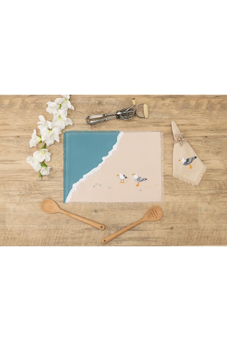 Seagull Beige Cream 100% Cotton Embroidered Set of 4 Fringe Cloth Napkins, Alternate, color, Beige