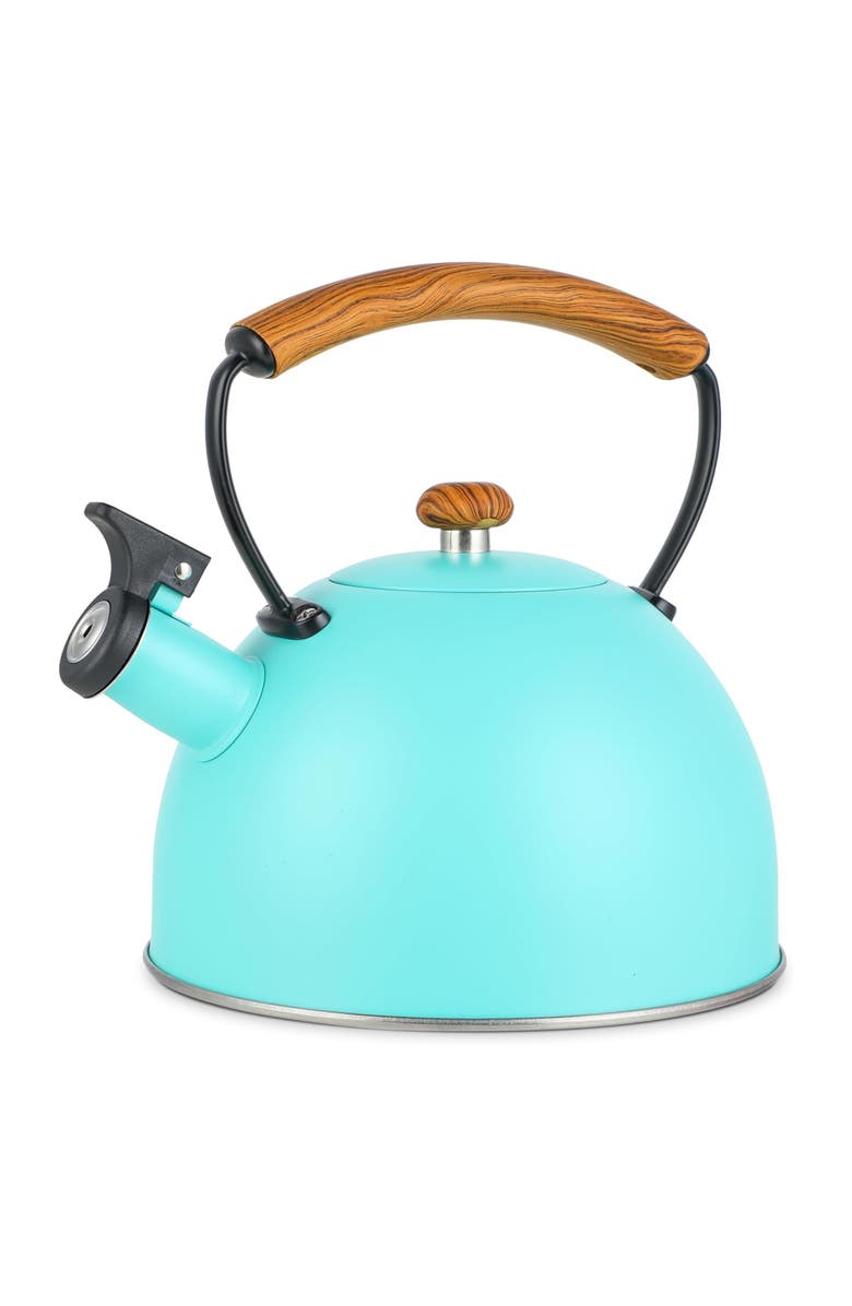 Megachef 3.2 Quart Whistling Tea Kettle with Wood Grain Nylon Cool Touch Handle, Main, color, Matte Turquoise