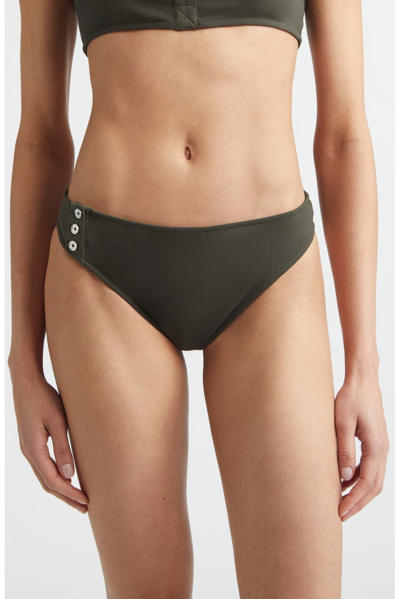 Side Button Ribbed Bikini Bottoms, Main, color, DARK GREEN