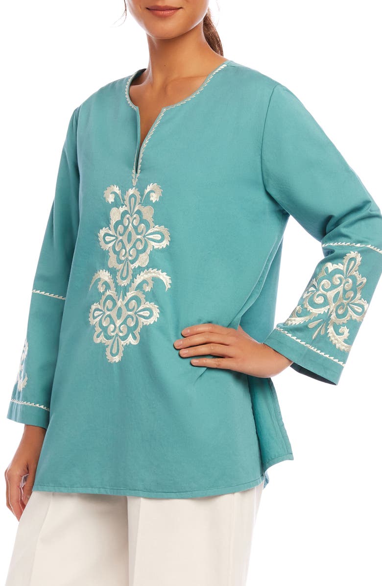 Karen Kane Embroidered Cotton Button-Up Shirt, Alternate, color, Cream-Green