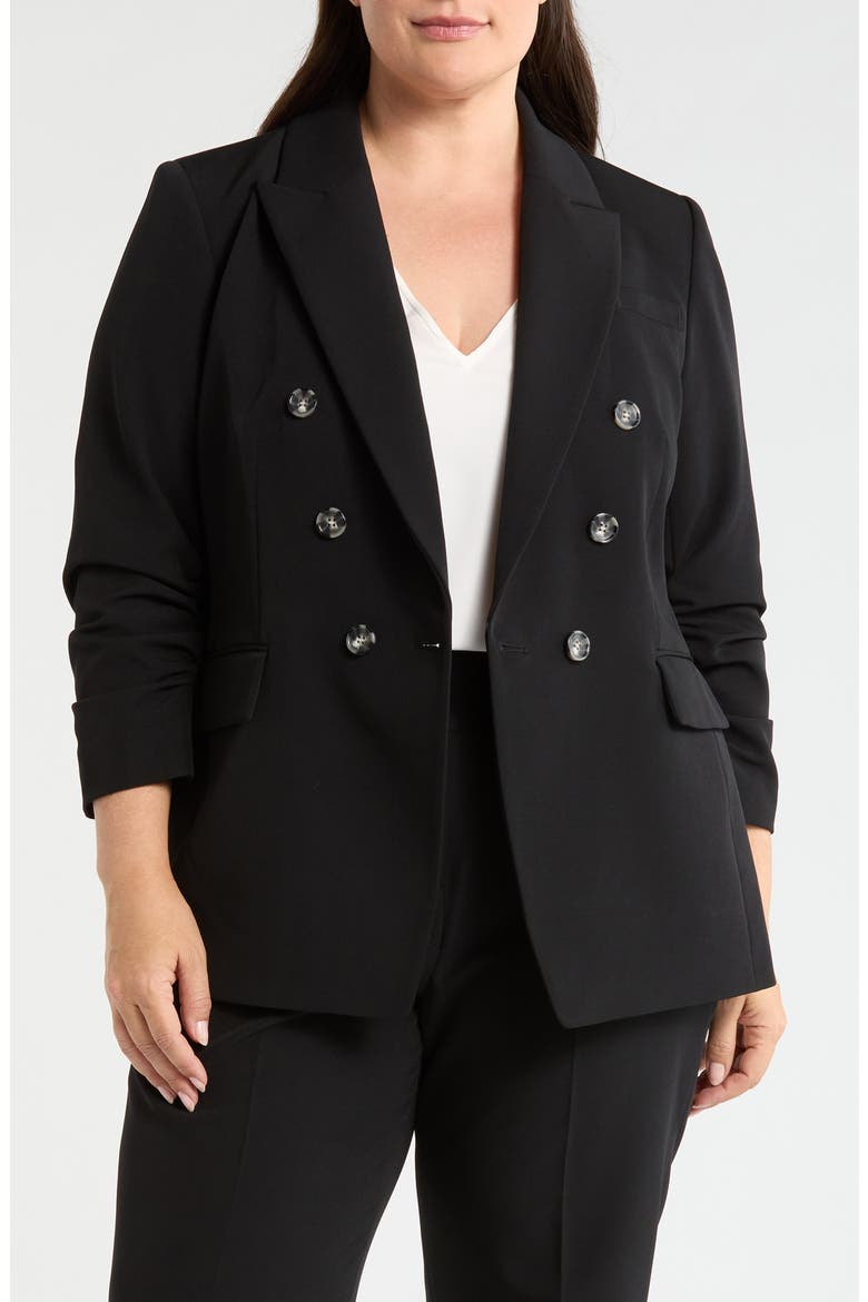 Ruched Sleeve Double Breasted Blazer, Main, color, BLACK
