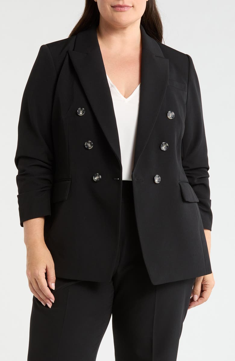 Tahari ASL Ruched Sleeve Double Breasted Blazer, Main, color, Black