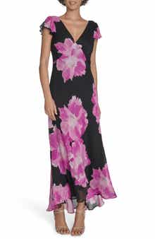 Calvin Klein Floral Flutter Sleeve Chiffon Maxi Dress
