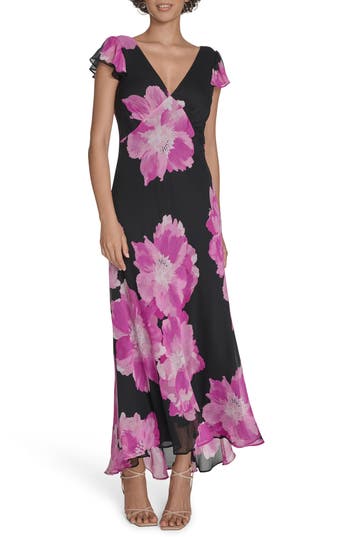 Calvin Klein Floral Flutter Sleeve Chiffon Maxi Dress In Black
