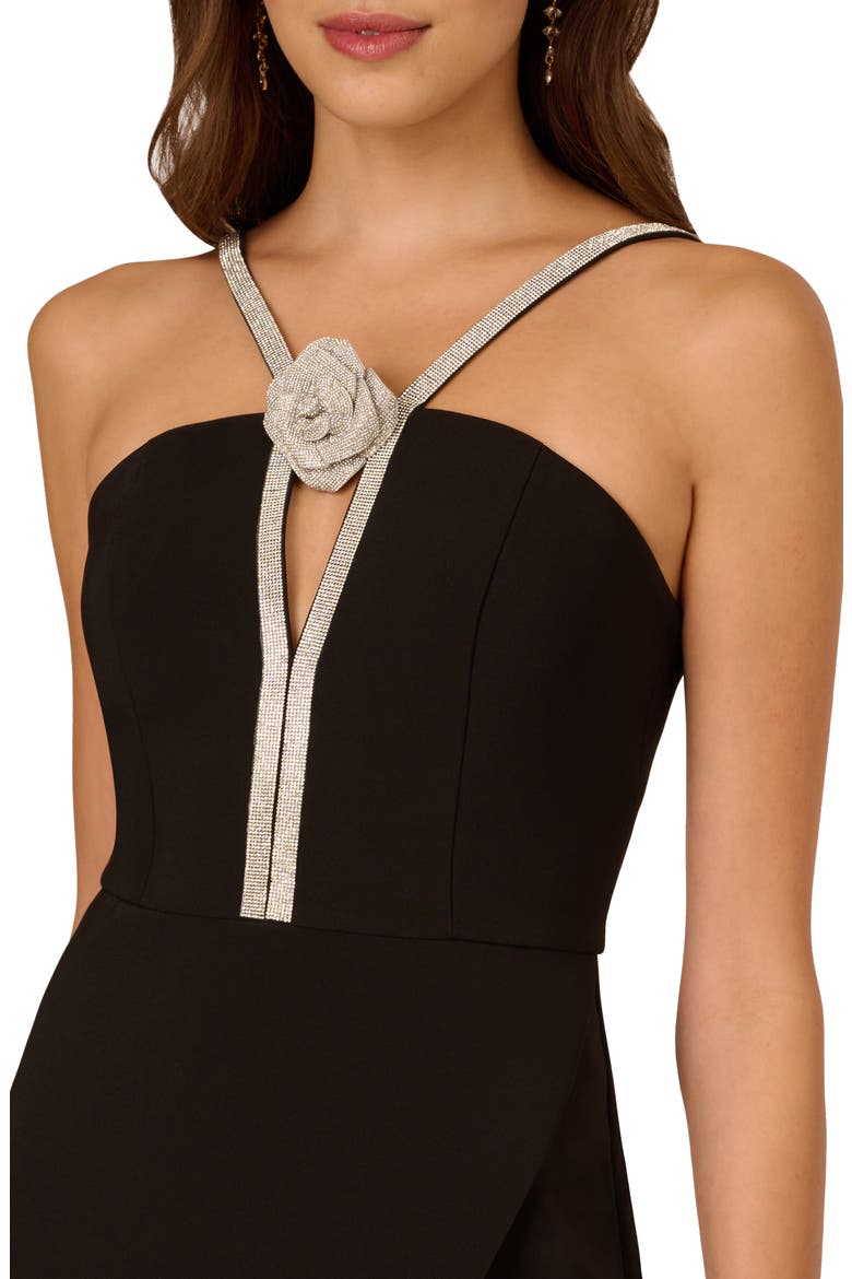 Rhinestone Rosette Halter Midi Sheath Dress, Alternate, color, BLACK