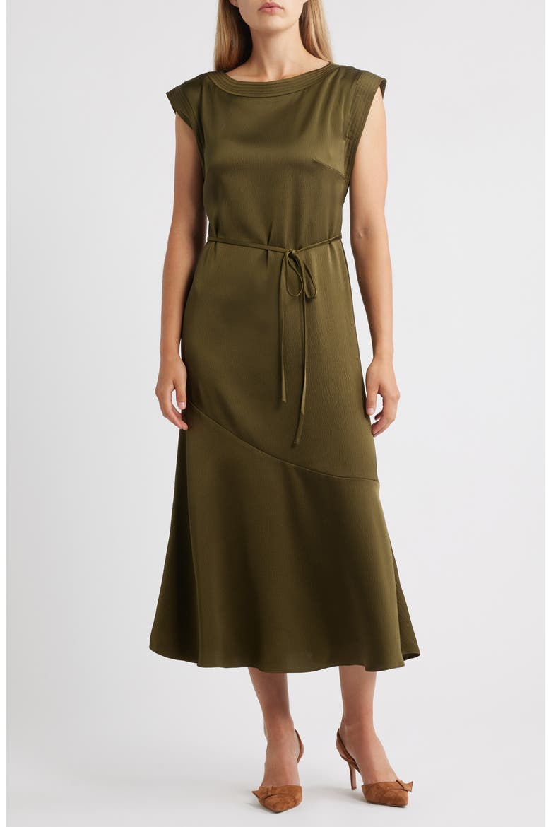Cap Sleeve Stretch Satin Belted Dress, Main, color, OLIVE