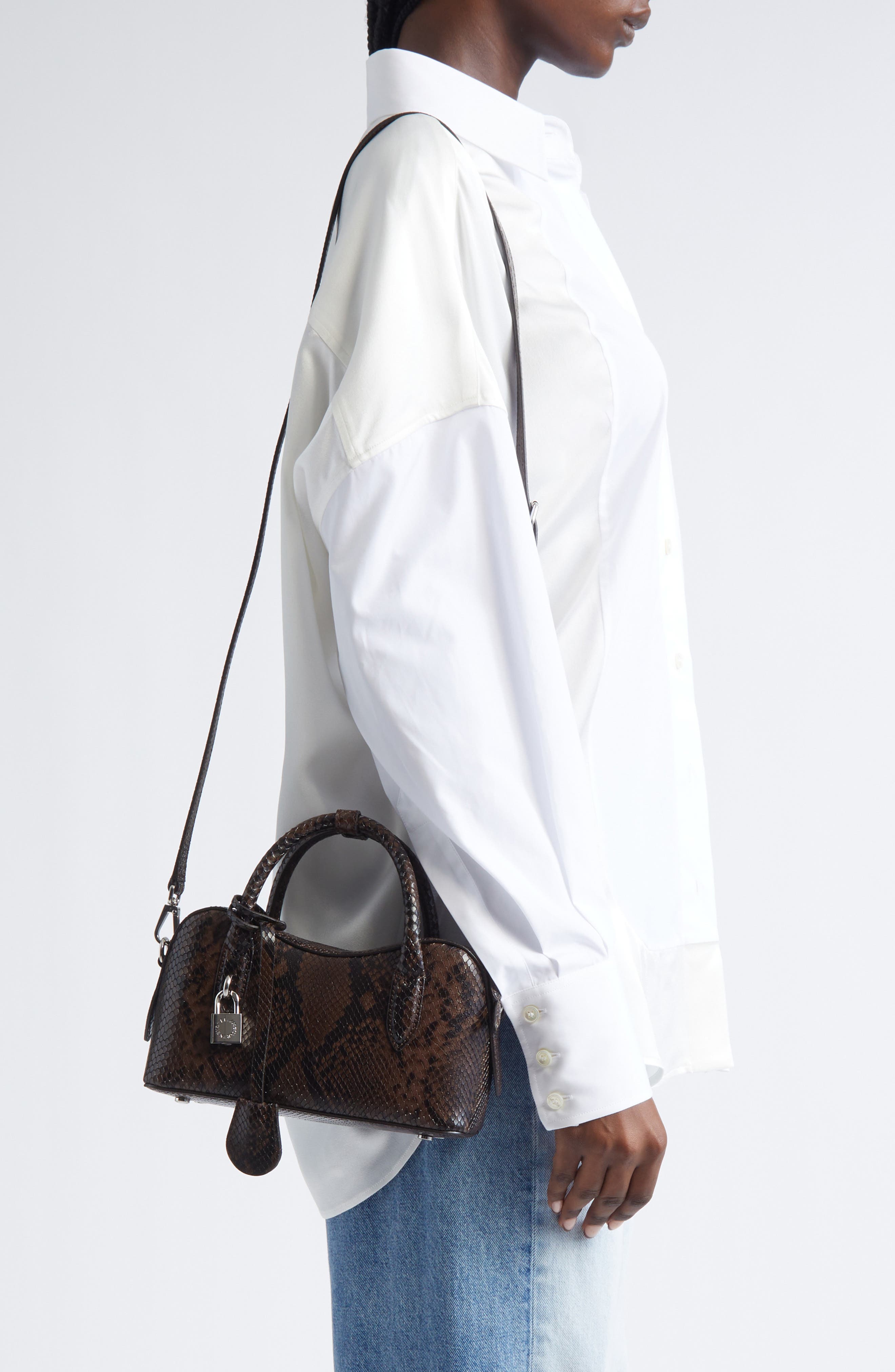 Stella McCartney Small Ryder Snakeskin Embossed Faux Leather Top Handle Bag, Alternate, color, Espresso