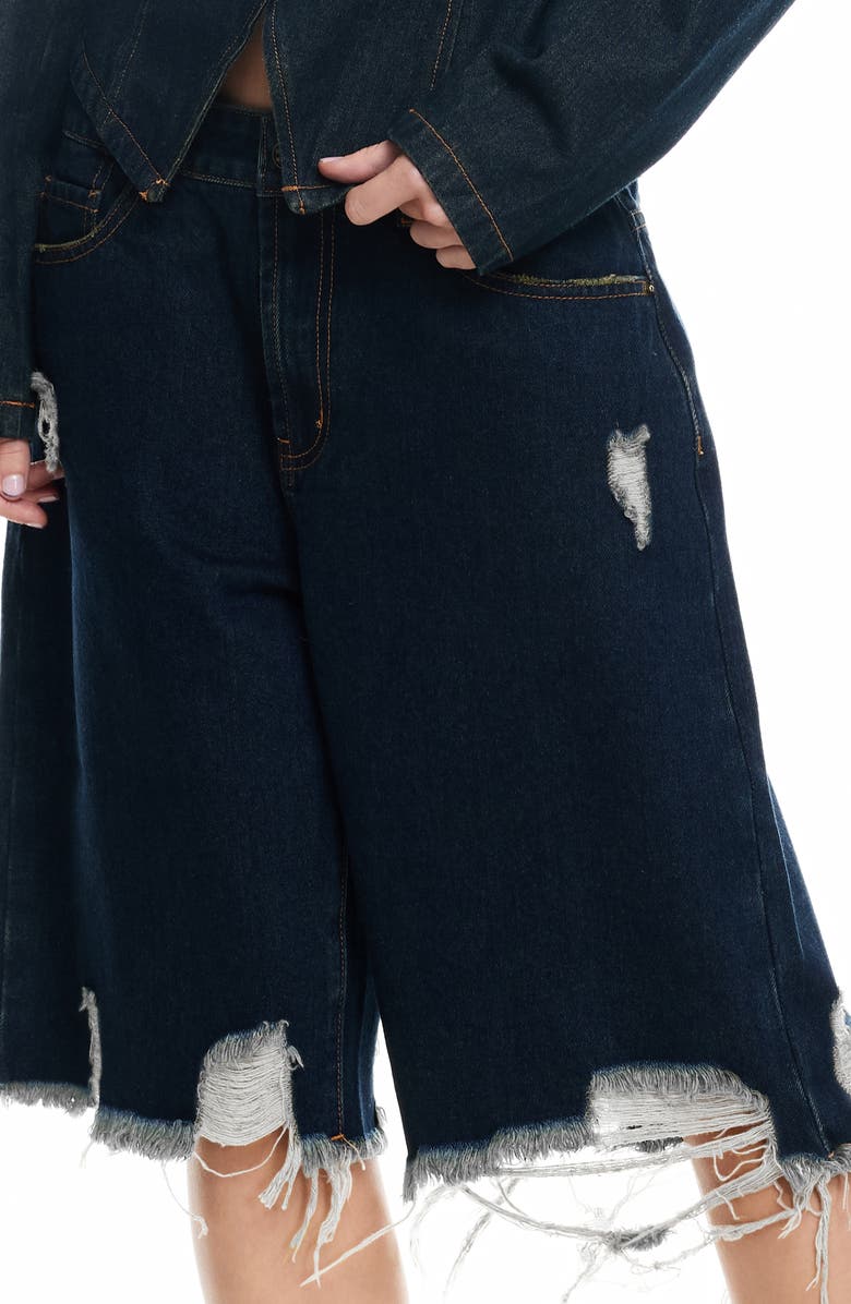 LIONESS Banks Ripped Denim Bermuda Shorts, Alternate, color, Indigo