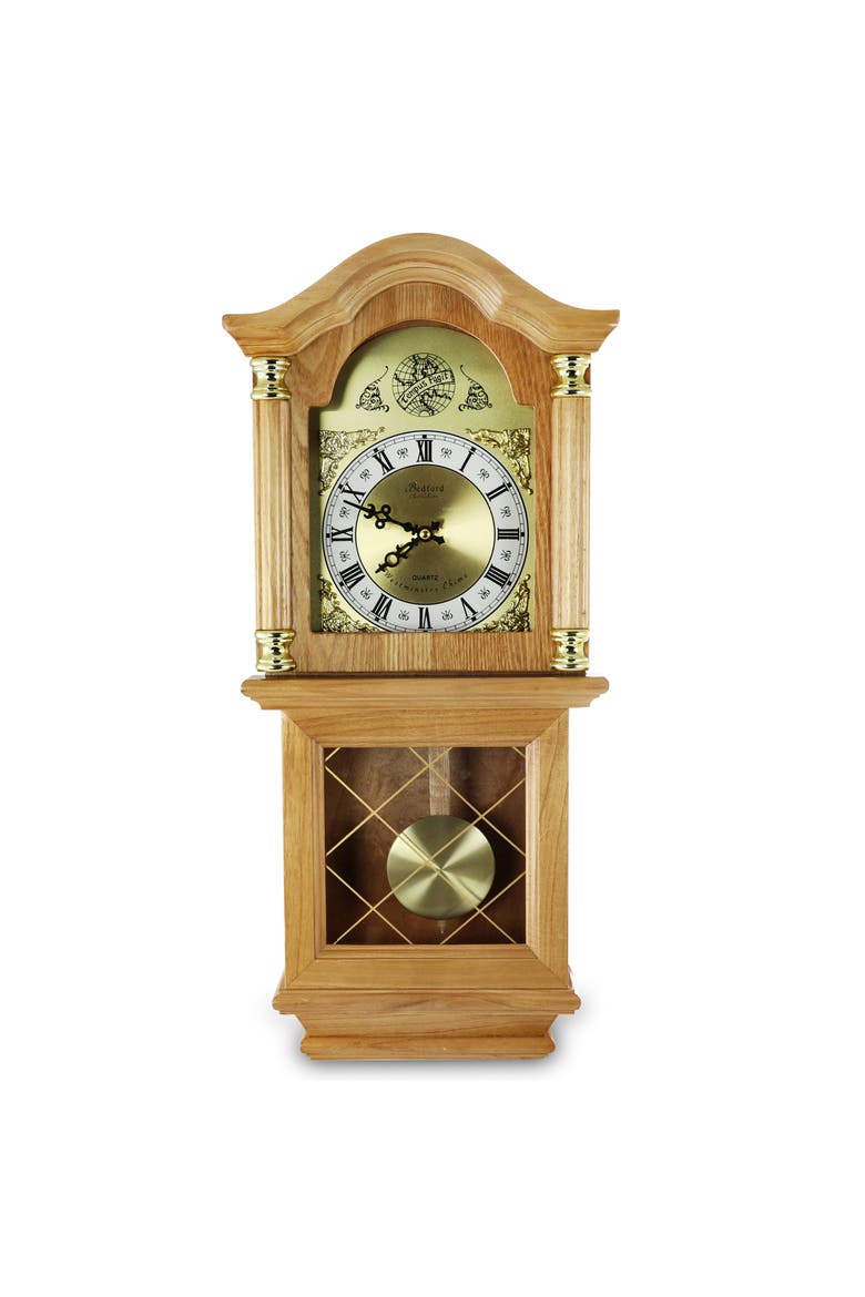 Classic 26in Pendulum Wall Clock with Oak Finish, Main, color, Light Brown