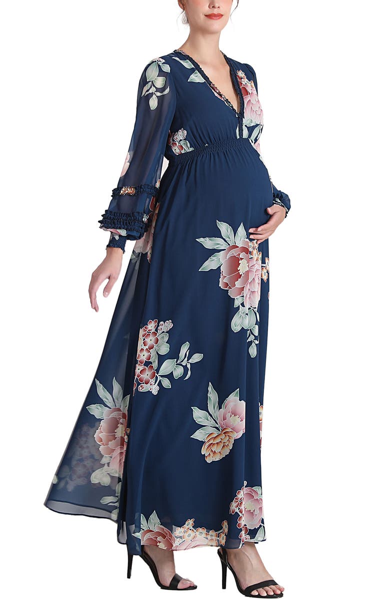 Kimi & Kai Adell Maternity Maxi Chiffon Dress, Alternate, color, Navy