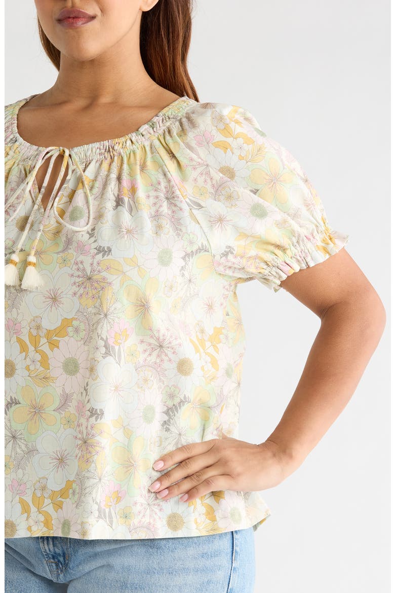 Floral Gathered Split Neck Top, Alternate, color, PRISTINE MULTI