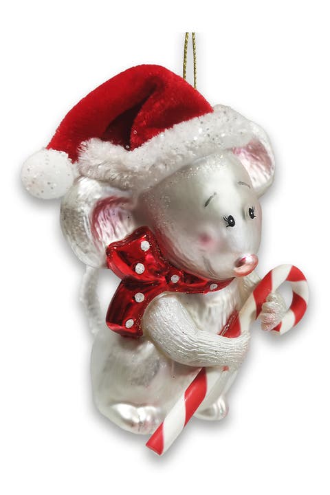 Santa Hat Mouse With Candy Cane Glass Ornament