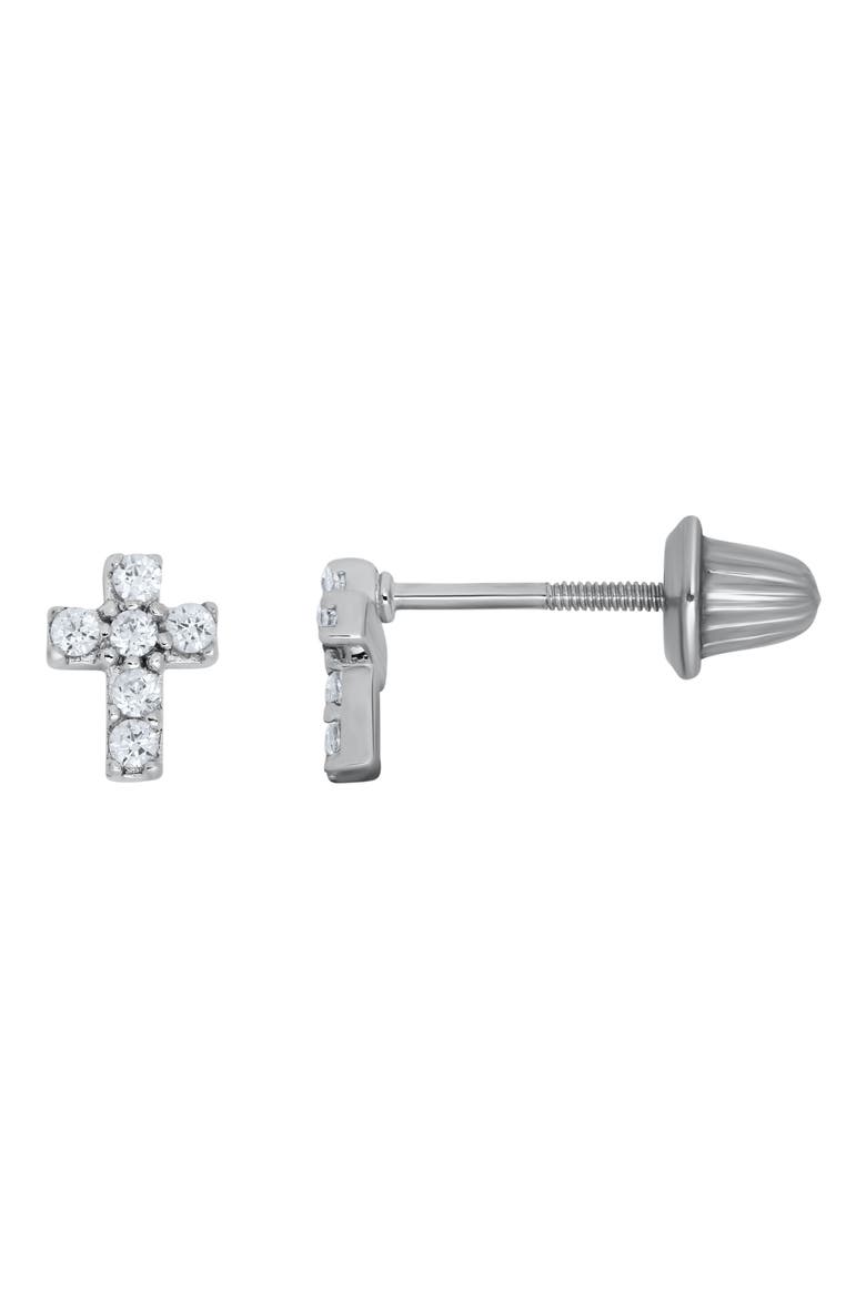 Sterling Silver & Cubic Zirconia Cross Stud Earrings, Main, color, SILVER