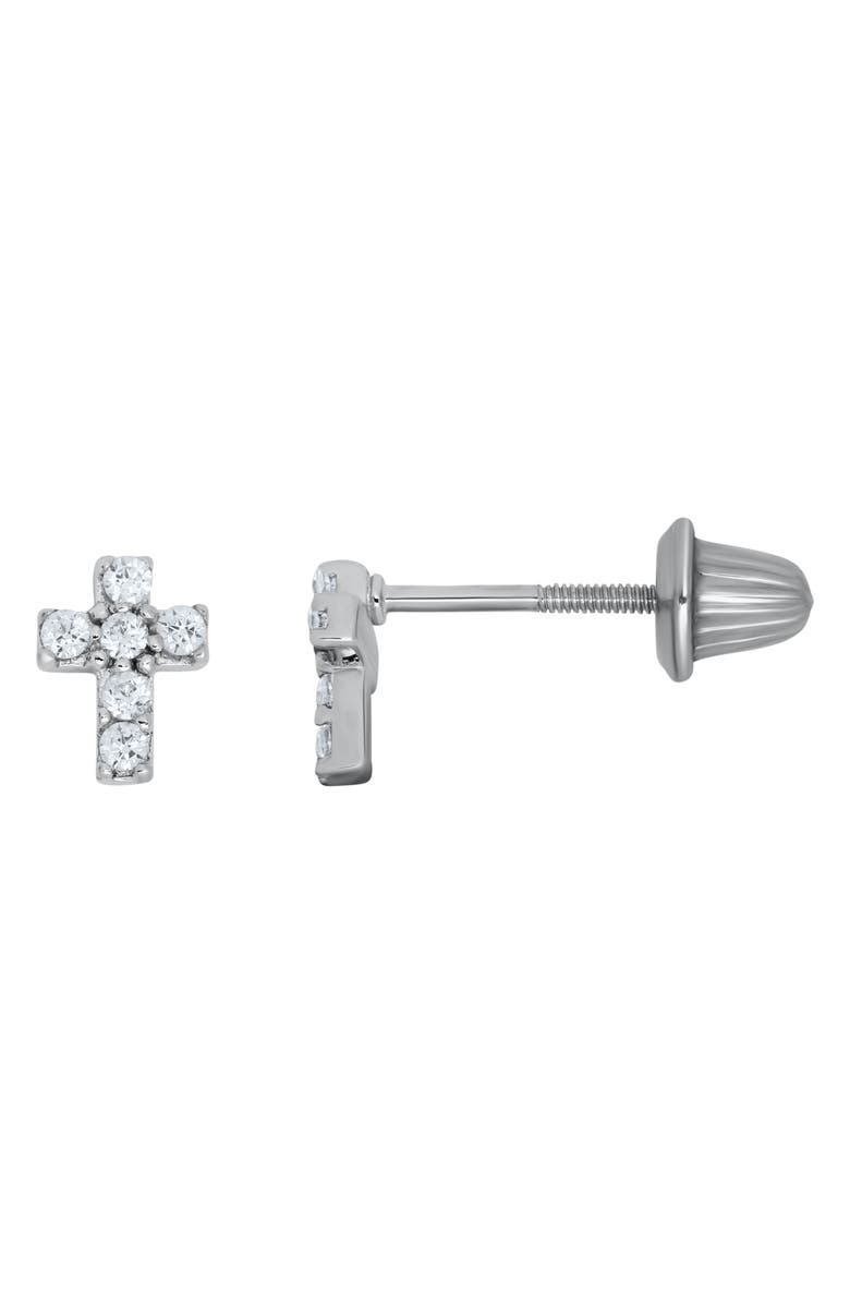 Mignonette Sterling Silver & Cubic Zirconia Cross Stud Earrings, Main, color, Silver