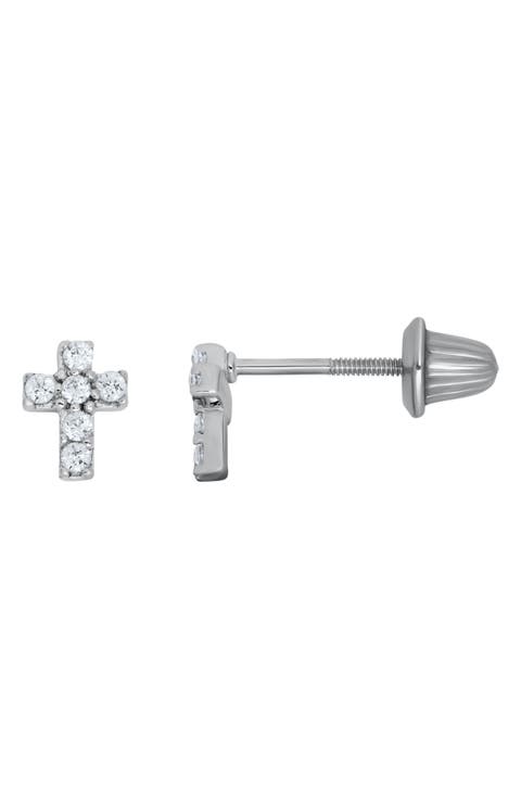 Sterling Silver & Cubic Zirconia Cross Stud Earrings (Baby)
