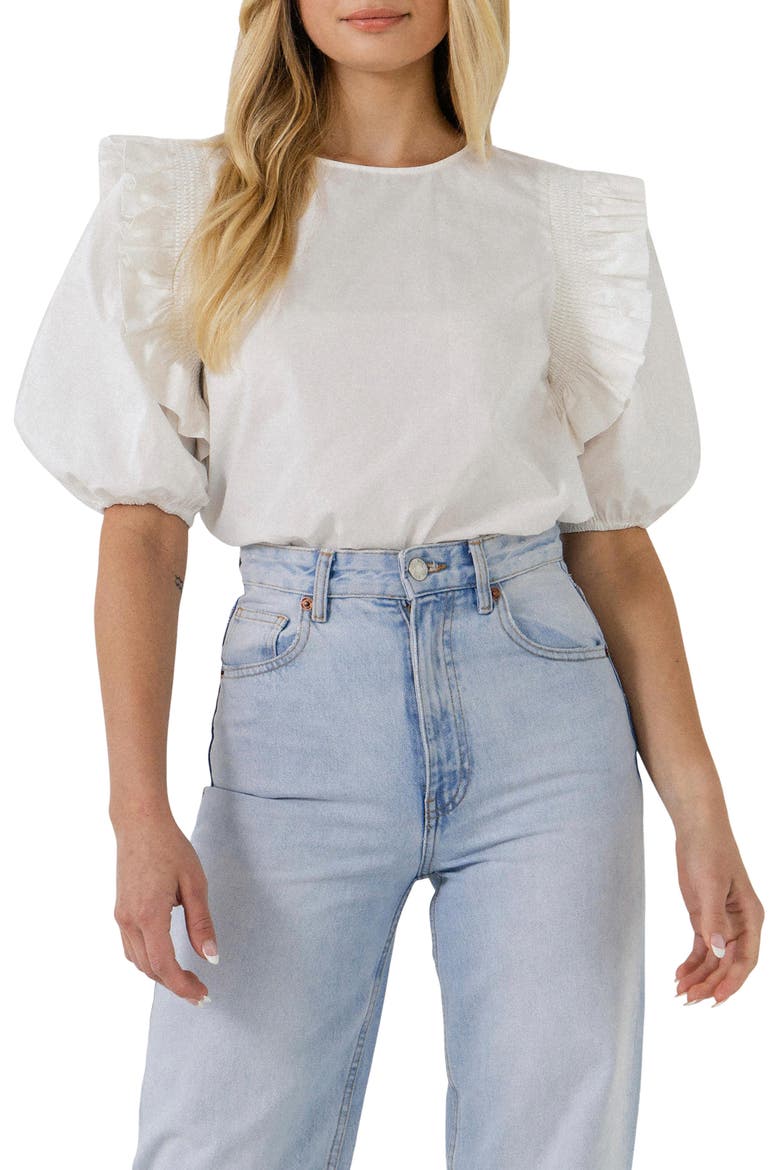 Ruffle Smocked Puff Sleeve Blouse, Main, color, WHITE