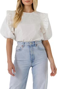 English Factory Ruffle Smocked Puff Sleeve Blouse