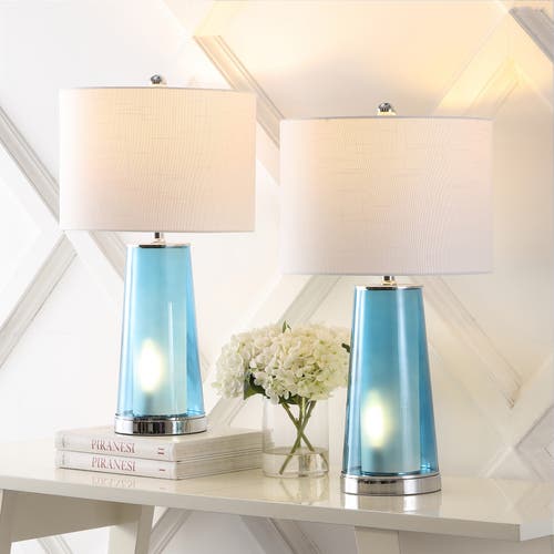 Jonathan Y Tryon 26" Modern Minimalist Glass/iron Nightlight Led Table Lamp In Clear Blue/chrome