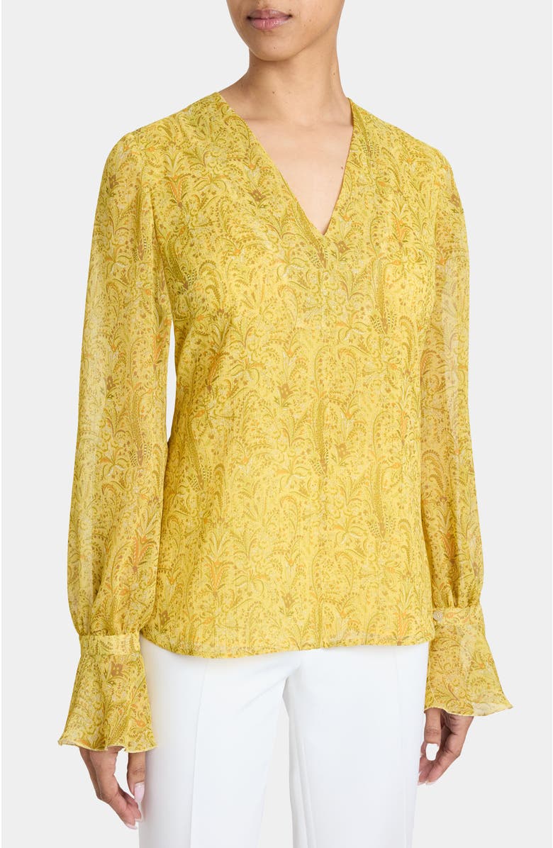 Santorelli RUE Long Sleeve Blouse with Ruffled Cuffs in Paisley Printed Crinkle Georgette, Main, color, Chamomile Multi