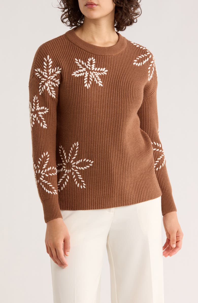 T Tahari Rib Crewneck Sweater, Main, color, Camel Beige/ Cream