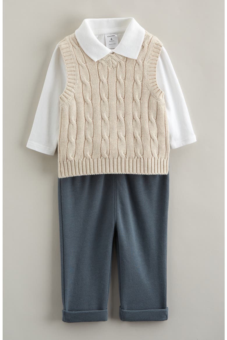 Dressed Up Cable Stitch Vest, Bodysuit & Pants Set, Alternate, color, BEIGE O- WHITE BLUE WEATHER