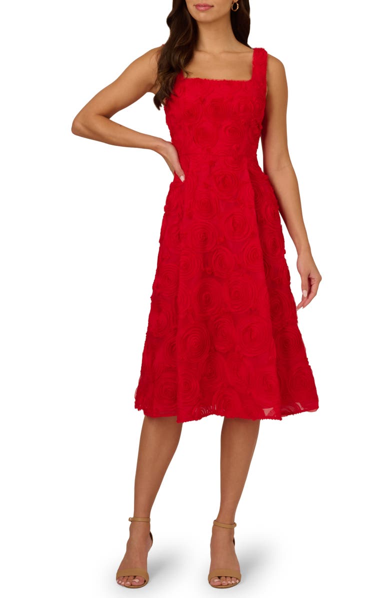 Adrianna Papell Rosette Soutache Lace Cocktail Midi Dress, Main, color, Red