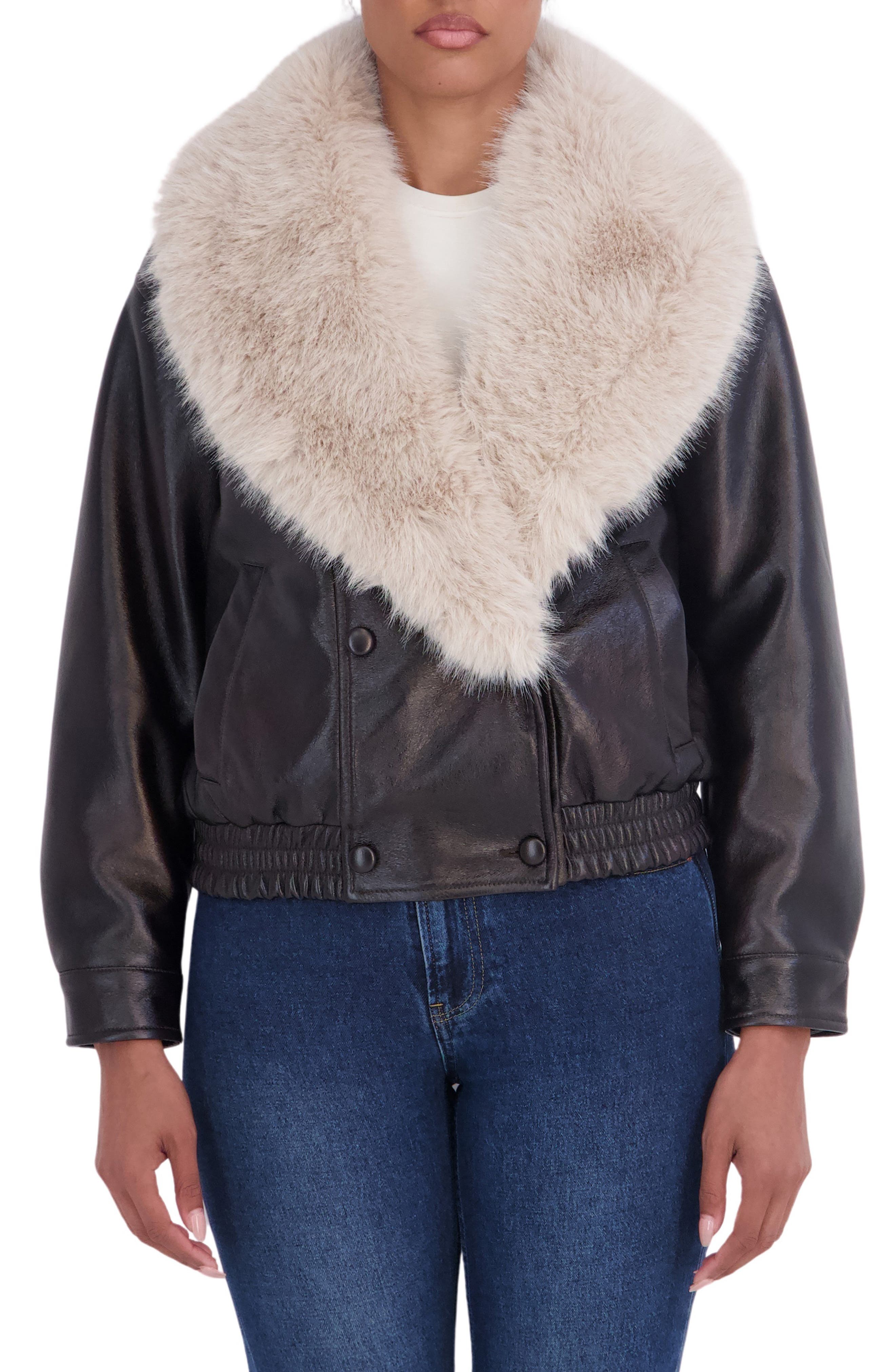 Faux Fur Collar Faux Leather Bomber Jacket