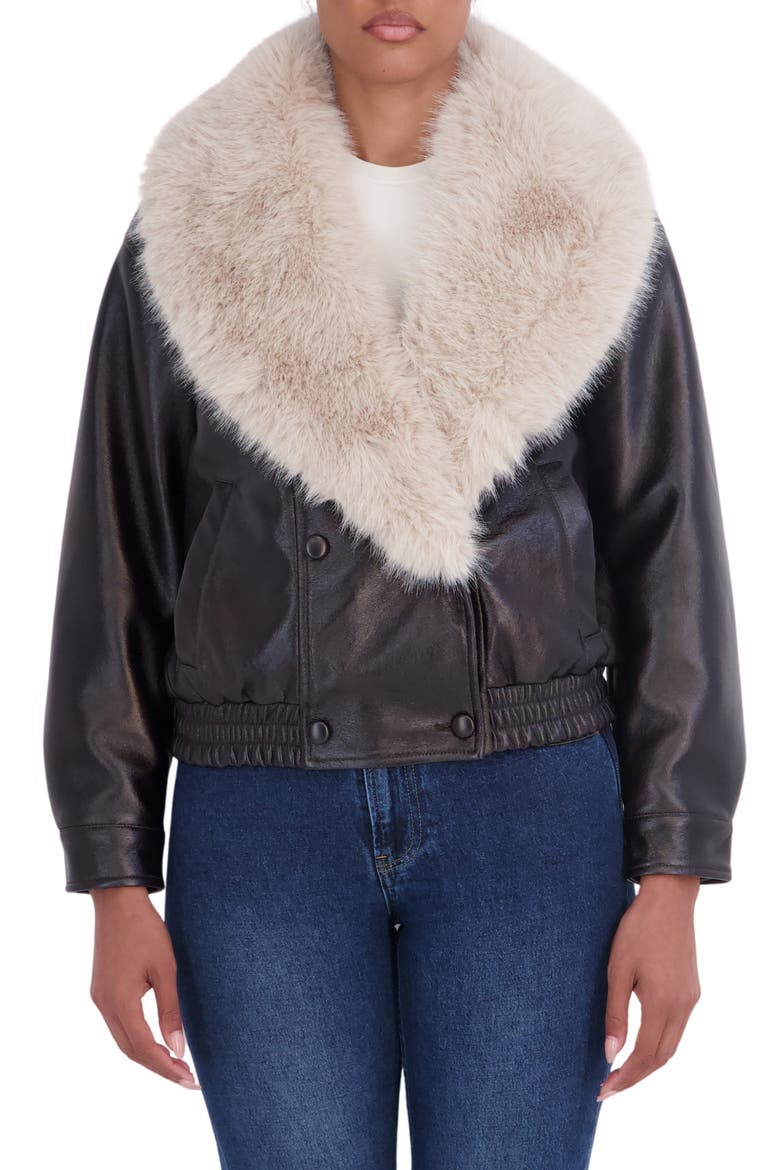 Faux Fur Collar Faux Leather Bomber Jacket, Main, color, BROWN