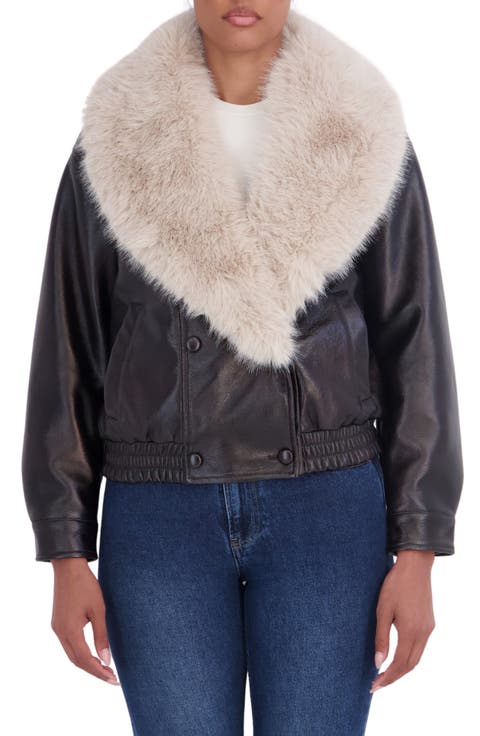 Faux Fur Collar Faux Leather Bomber Jacket