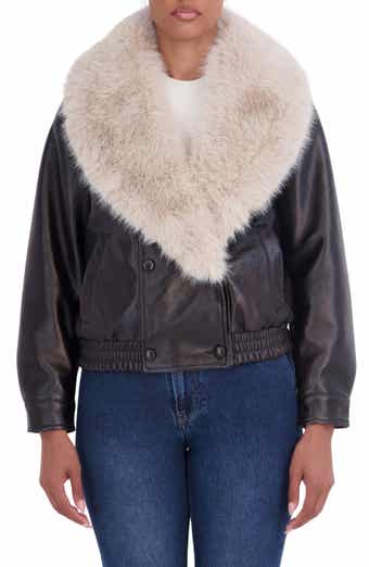 Faux Fur Collar Faux Leather Bomber Jacket
