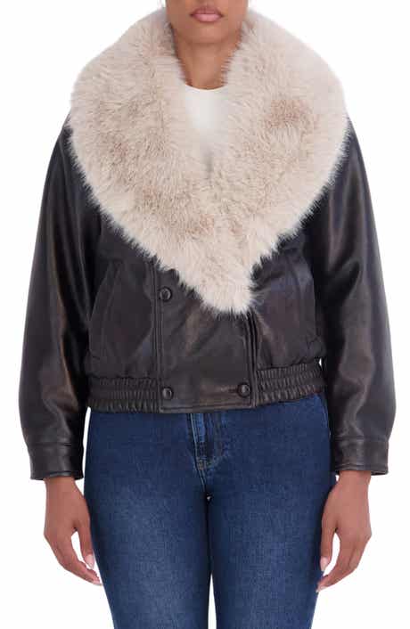 Faux Fur Collar Faux Leather Bomber Jacket