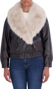 Sebby Faux Fur Collar Faux Leather Bomber Jacket