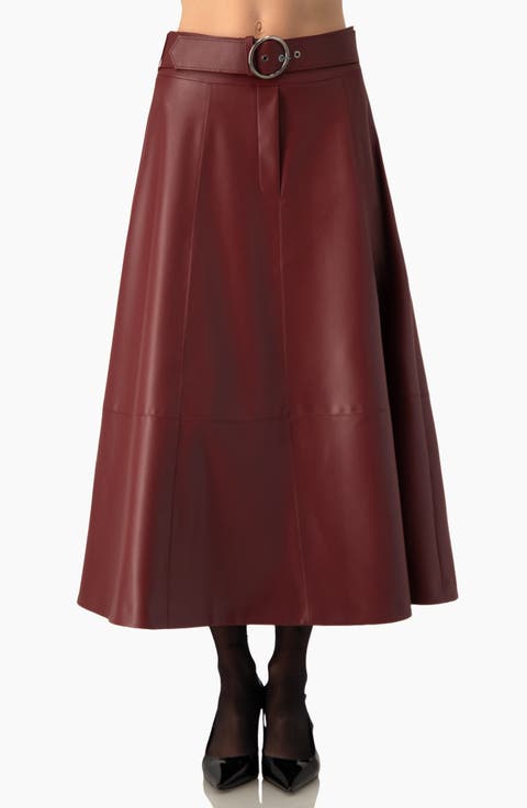 Belted Faux Leather Midi Skirt