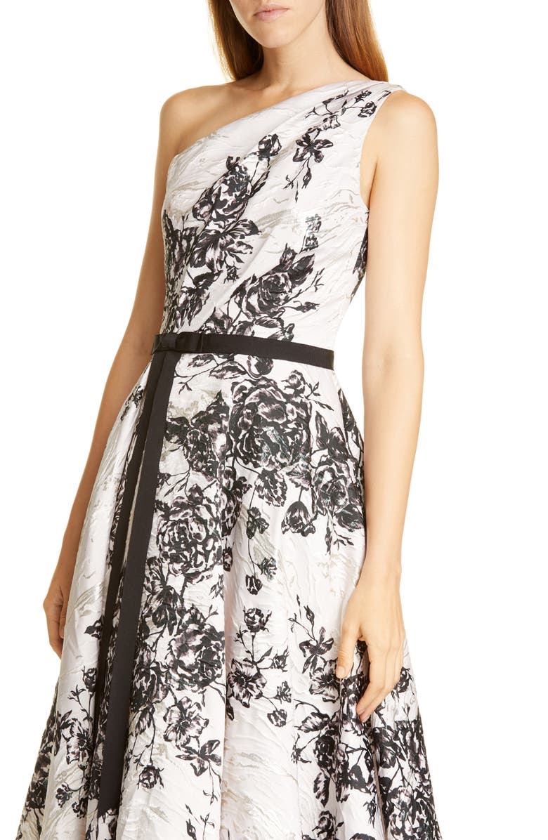 Marchesa Notte One-Shoulder Metallic Floral Ballgown, Alternate, color,