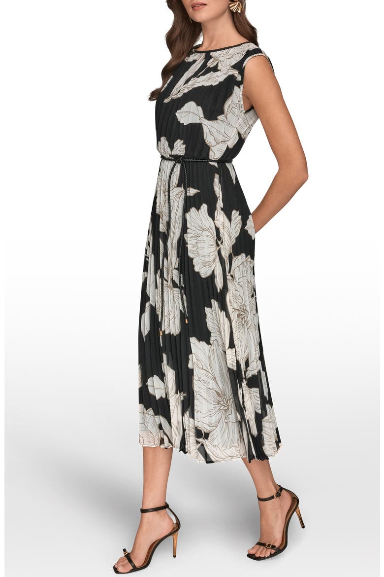 Belted Pleated Midi Dress, Alternate, color, BLACK/ FAWN/ CREAM