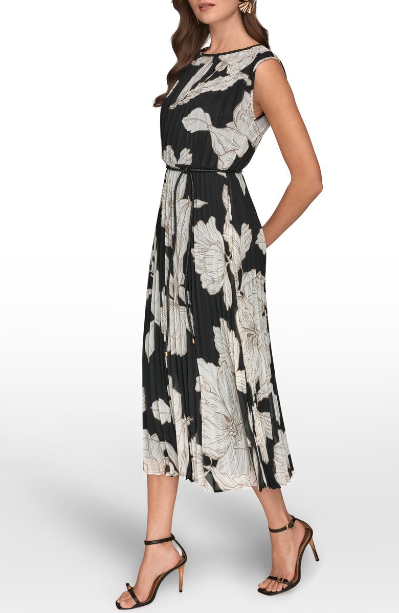 Donna Karan New York Belted Pleated Midi Dress, Alternate, color, Black/ Fawn/ Cream