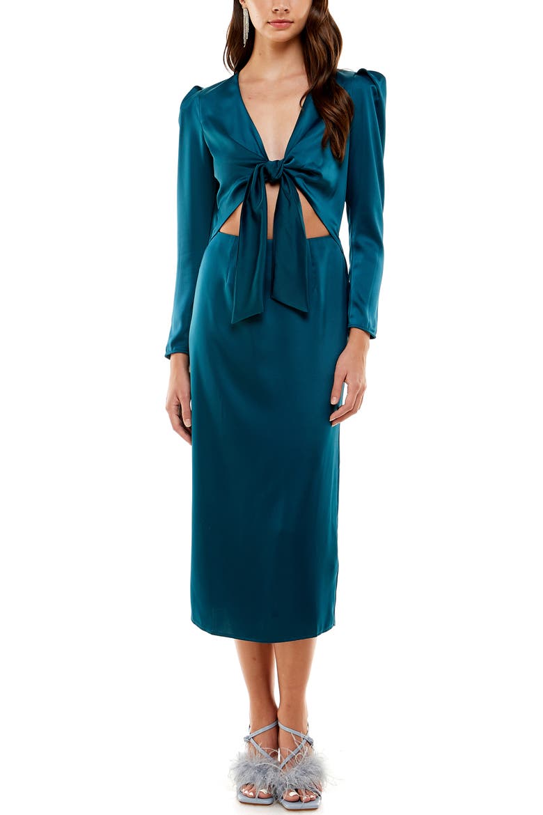 Poppy Tie Front Long Sleeve Cutout Midi Dress, Main, color, DARK TEAL